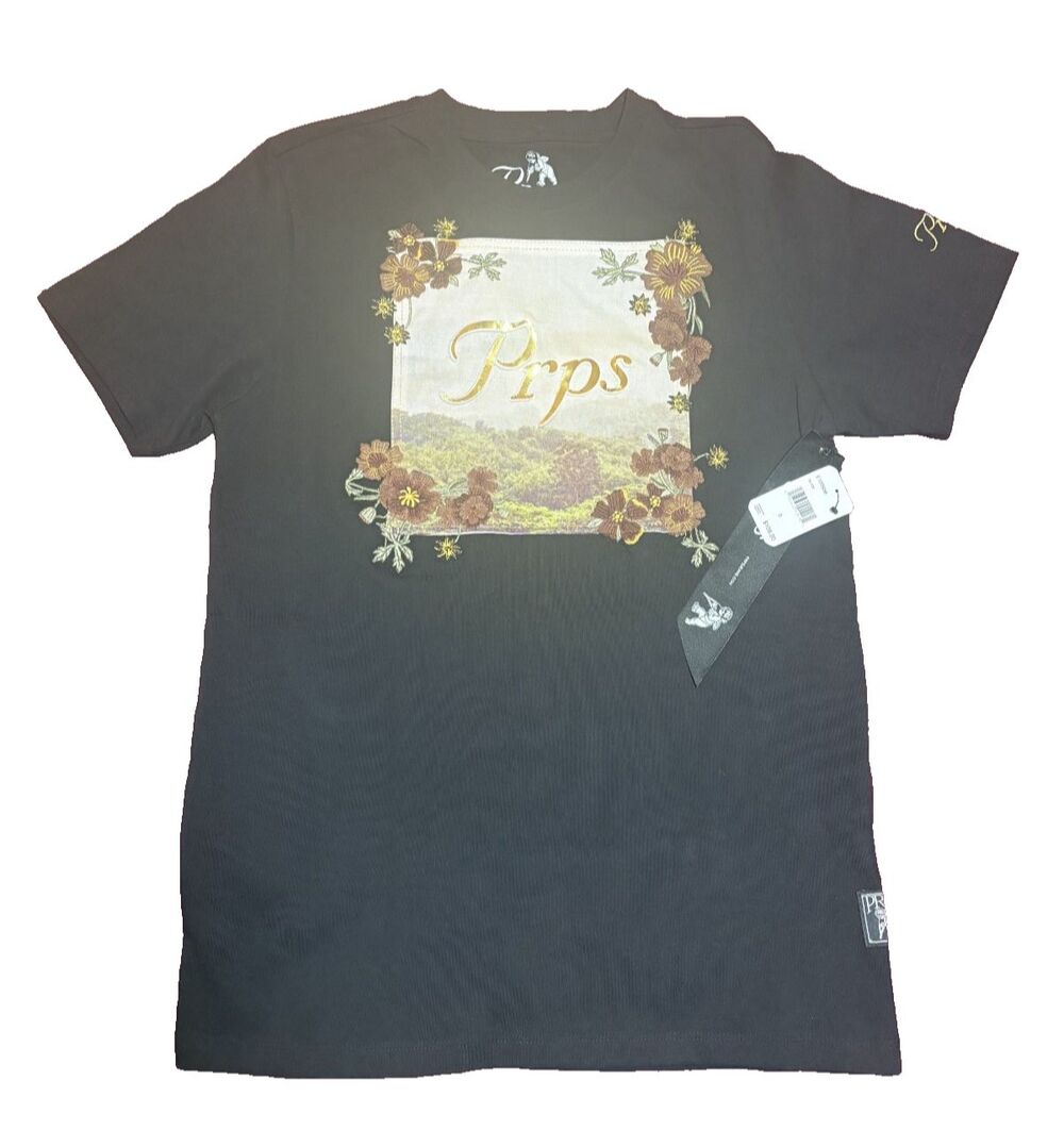 Prps NWT Men's Graphic Embroidered Gold Finch Floral Logo Tee Black T-shirt Sz S